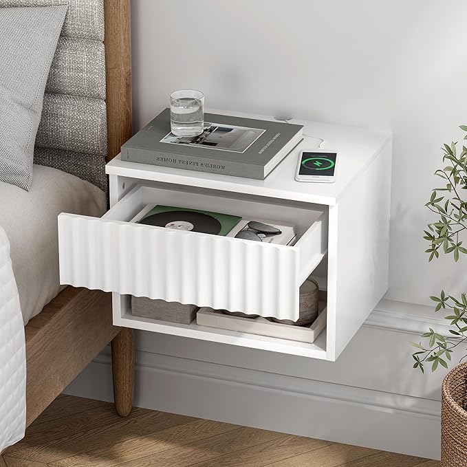 Floating TV Stands Set of 4 with Drawer and Open Shelf, Small Wall Mounted Bedside End Table, Modern Fluted Night Stand for Bedroom, Living Room, White