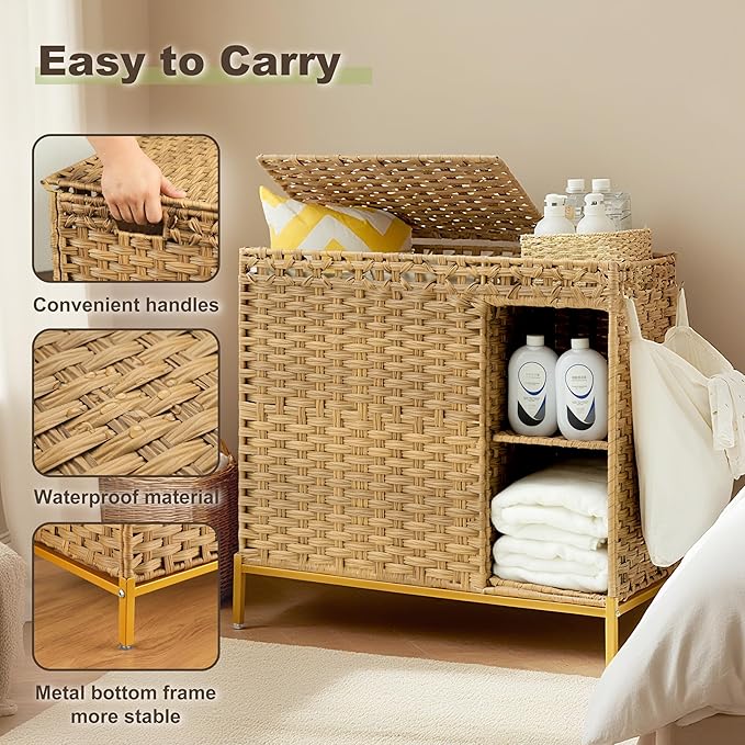 Laundry Hamper with Lid, 110L (29.1 Gal) Rattan Laundry Hamper 2 Section with 50L (13.2 Gal) Storage Shelf, Wicker Woven Laundry Sorter Basket with 3 Liner Bags and Handles, Natural GLH002N