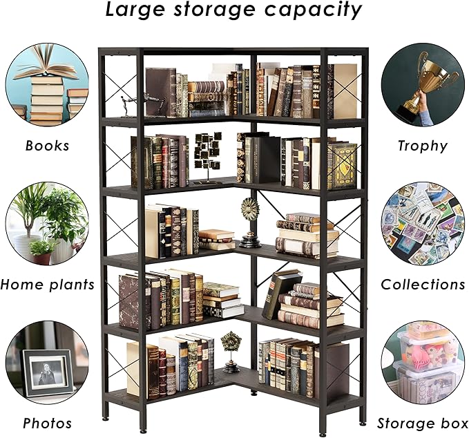 Corner Bookshelves and Bookcases Industrial Corner Etagere Bookcase L Shaped Shelf 6 Tiers with Metal Frame for Living Room Home Office