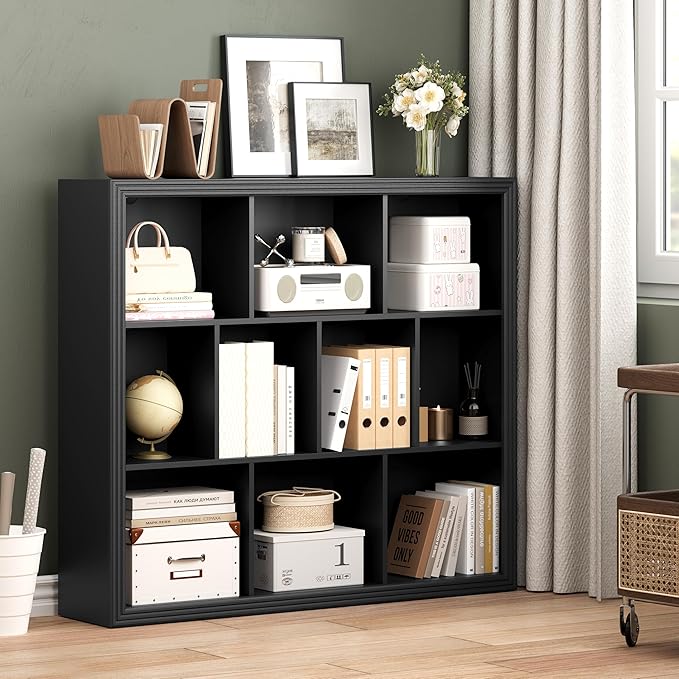 Book Shelf with 10-Cube, 43” Wide Bookshelf with Anti-Tip Device, 38” Tall Open Bookcase, Modern Display Organizer Book Case for Home Office, Entryway, Living Room, Bedroom, Study Room