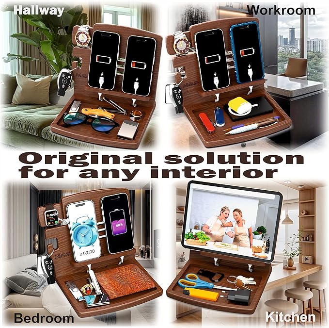 MED Wood Phone Docking Station – Nightstand Desk Organizer for Phone, Watch, Wallet & Tablet – Gift for Men, Husband, Dad & Women – Wooden Charging Stand (Dark Walnut, Model 1)