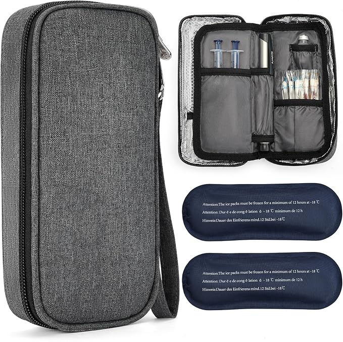 AMOZZ Insulin Cooler Travel Case with 2 Reusable Ice Packs – Compliant Medication Cooler for Travel, Insulated Diabetic Bag, Diabetes Travel Case & Organizer for Glucose Monitor and Syringes
