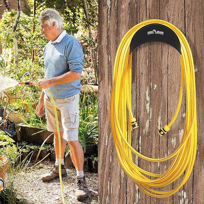 FLORA GUARD Garden Hose Holder, Heavy-Duty Hose Hanger, Holds Up to 125 ft, Garden Rack Wall Mount for Outside, Rust and Slip Resistant, Black
