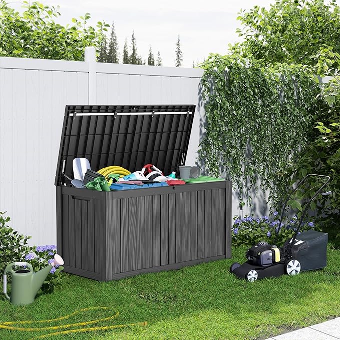 180 Gallon Resin Deck Box, Lockable Patio Outdoor Storage Box for Furniture, Garden Tools and Tools Storage, Waterproof Outside Storage Boxes - Black