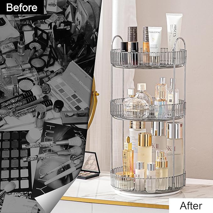 360 Rotating Makeup Organizer for Vanity, Bathroom Countertop Spinning Perfume Organizer, High-Capacity Cosmetic and Skincare Dresser Make Up Holder Rack (3 Tiers, Grey)