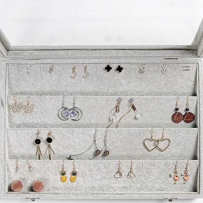Frebeauty Earring Organizer Tray with Clear Lid 64 Slots Velvet Drawer Insert Earring Storage box with Transparent Glass lid Jewelry Display Case with lock Gifts for Girls Women (Grey, Earrings)