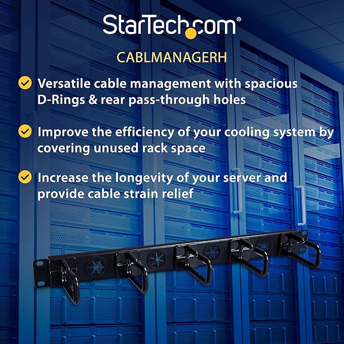 StarTech.com 1U 19" Cable Management Organizer - D Ring Hook Network/Server Rack Cord Manager - Data Center Horizontal Wire Panel with Passthrough Holes w/Mounting HW - EIA/ECA-310-E (CABLMANAGERH)