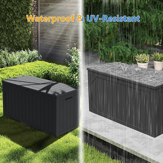 100 Gallon Outdoor Storage Box Waterproof,Resin Deck Box Storage Bin for Cushion Patio Furniture, Pool Accessories, and Garden Tools, Lockable & UV-Resistant, Black