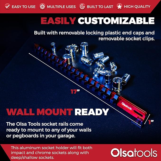 Olsa Tools 3/8-Inch Drive Aluminum Socket Organizer with Locking End Caps | Professional Quality Socket Holder (RED)