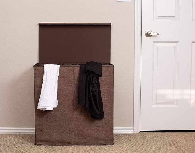 BIRDROCK HOME Laundry Hamper with Lid | Removable Bags for Sorting Clothes | Sectioned Laundry Basket for Bedroom & Bathroom | Collapsible Storage Bin with Cover | Double, Brown
