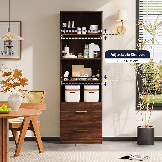 Cozy Castle 74.1'' Bookshelf,Tall Bookcase with Drawers, 4-Tier Open Bookshelf with Adjustable Storage Shelves,23.6 Inches Wide Floor Standing Bookcase for Home Office,Bedroom,Living Room,Brown