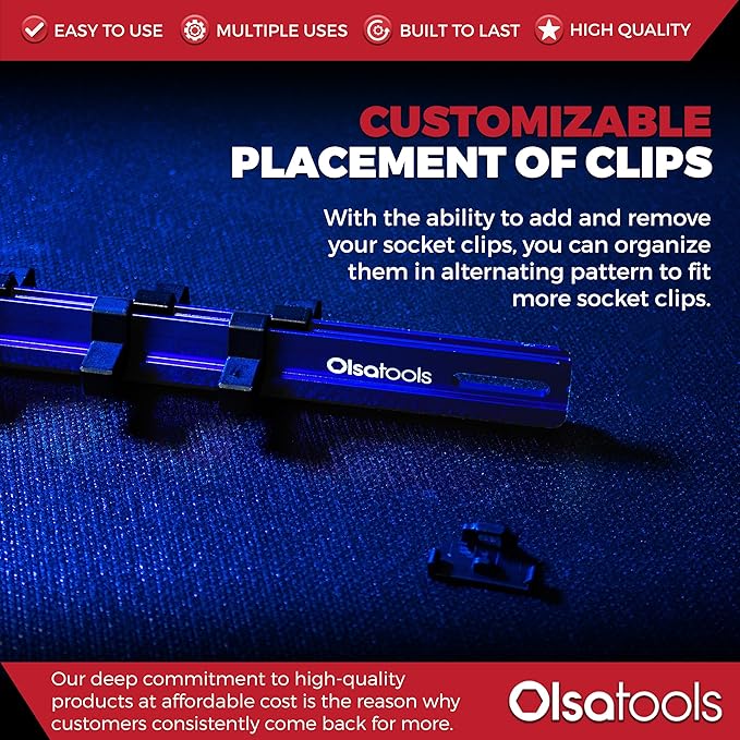 Olsa Tools Aluminum Socket Organizer with Locking End Caps - 3/8-Inch Drive - Blue Socket Holder Rails for Chrome or Impact Sockets - Compact and Durable Socket Storage Solution - Part: 1175