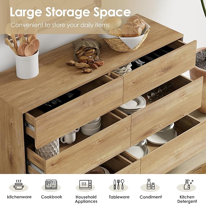 WAMPAT Dresser for Bedroom, Modern Wood Dresser with 6 Drawers, Chest of Drawers with Metal Base, Closet Organizers for Living Room, Entryway, Oak