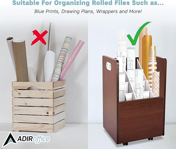 AdirOffice Adir Blue Print Storage Organizer - Mobile Roll File Cart, Construction Plan Holders, Blueprint Cabinet with Wheels, Roll Files Storage for Office and Home (20 Slots, Mahogany)