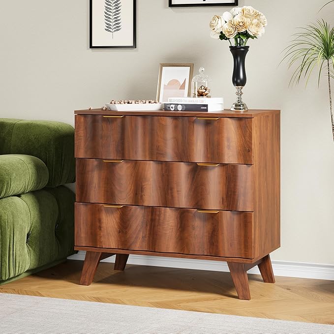 3 Drawer Dresser, Fluted Chest of Drawers with Handles for Closet, Large Nightstand with 3 Drawers Accent Cabinet for Bedroom, Living Room, Hallway (Walnut)