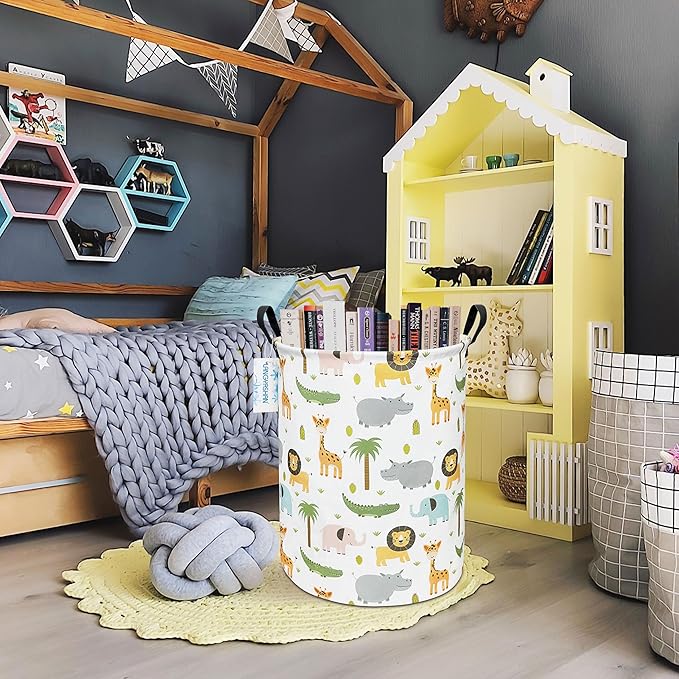 LANGYASHAN Laundry Basket Canvas Fabric Collapsible Organizer Basket for Storage Bin Toy Bins Gift Baskets Bedroom Clothes Children Nursery Hamper (Animal)