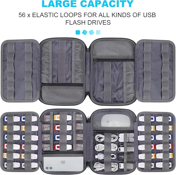 Lacdo USB Flash Drive Case Thumb Drive Holder Case Organizer Portable Electronic Accessories Storage Bag for SanDisk/SamData/Samsung USB Flash Drives Jump Drive Memory Stick, SD Card, Cables, Gray