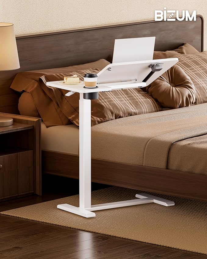 BZIUM Overbed Bedside Table with Hidden Wheels, Adjustable Medical Tilt Top Hospital Bed Table Over The Bed, Rolling Desk Mobile Standing Desk for Hospital&Home Use (White)