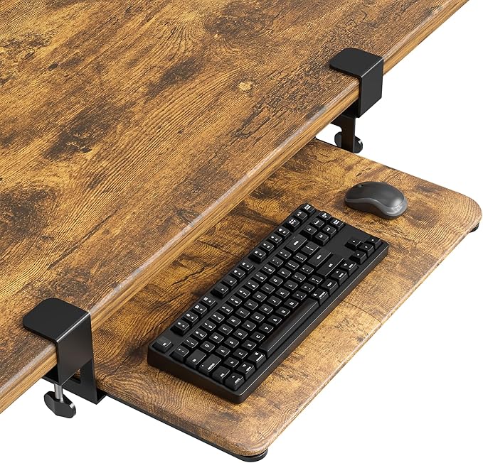 BONTEC KMT01-PJ Under Desk Keyboard Tray, Pull-Out Keyboard & Mouse Platform with C-Clamp, 20 x 11.8 in Space-Saving Ergonomic Slide-Out Drawer, Rustic Brown