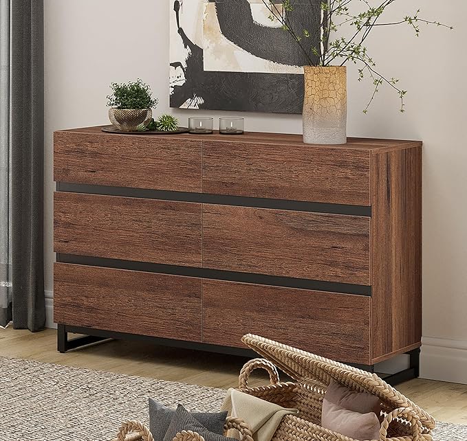 WAMPAT Dresser for Bedroom, Modern Wood Dresser with 6 Drawers, Chest of Drawers with Metal Base, Closet Organizers Storage for Living Room, Bedroom, Brown