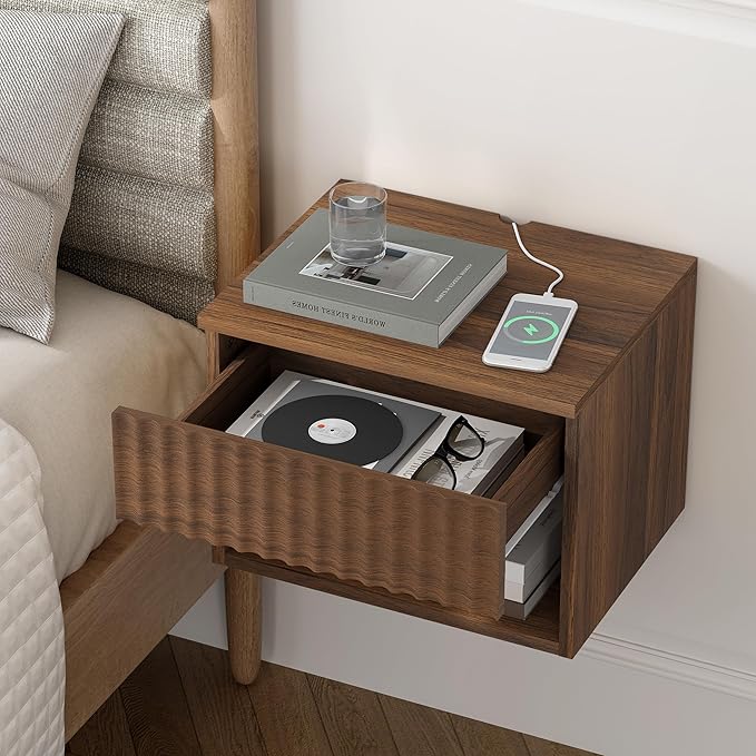 Floating Nightstands Set of 2 with Drawer and Open Shelf, Small Wall Mounted Bedside End Table, Modern Fluted Night Stand for Bedroom, Living Room, Brown
