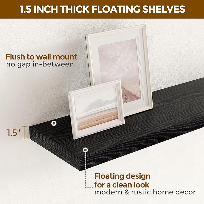 Fun Memories 36 Inch Floating Shelves Black, 9.3 Deep Floating Shelf for Wall, Rustic Black Wall Shelves 36x9.3x1.5 - Set of 2, Large Deep Shelf for Kitchen, Living Room Storage