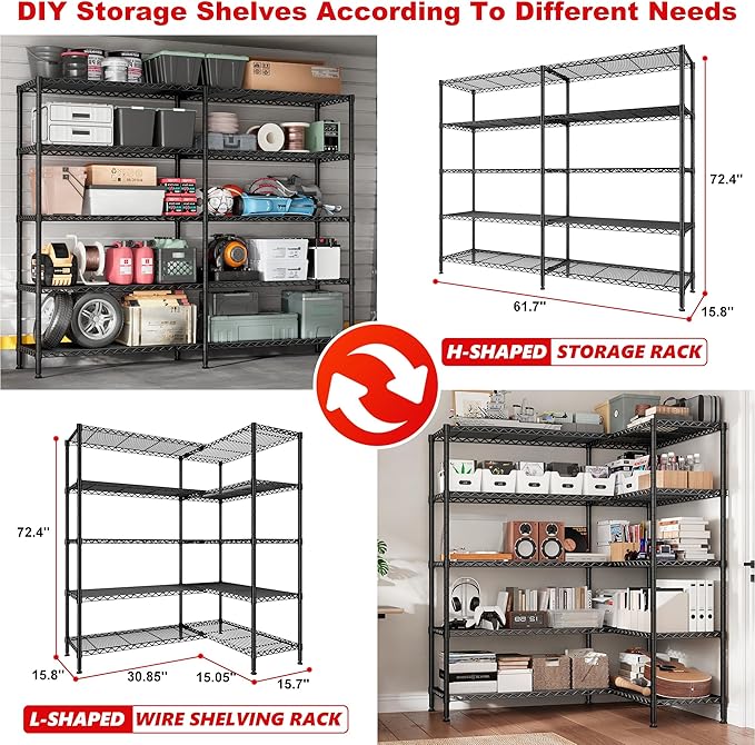 72.4''H Storage Shelves Metal Shelving Unit Load 1500LBS,5 Tier Wire Shelving Pantry Shelves Kitchen Shelves Adjustable Wire Shelf for Commercial Garage Shelving Heavy Duty, 61.7" W*72.4" H*15.8" D
