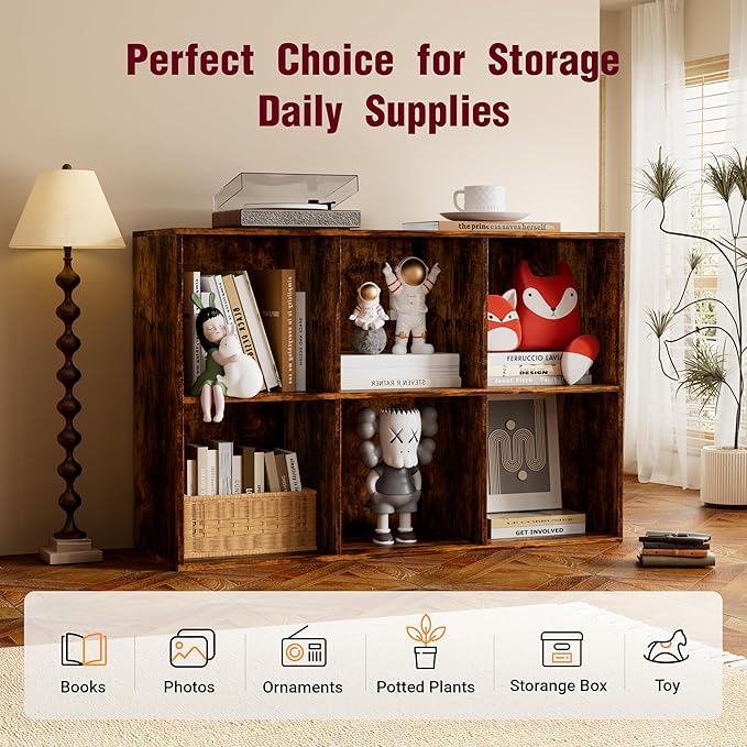 Book Shelf, Wooden Cube Storage Organizer with 11" Open Cubes, Stackable Bookcase for Room Divider Storage, 2 Tier Bookshelf for Living Room, Bedroom, Office (Indonesian Antique Oak, 6-Cube)