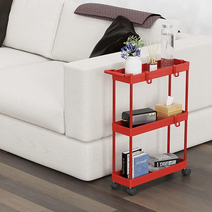 Simple Houseware 3-Tier Slim/Narrow Storage Cart with Handle, 5.5'' Wide x 26.5'' Height Rolling Organizer for Kitchen, Bathroom, Laundry Room - Red