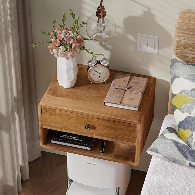 COZAYH Farmhouse Rubber Wood Floating Nightstand with Drawer and Open Shelf, Transitional Wall Mounted Side Table with Open Slot for Bedroom, Fully Assembled (Natural)
