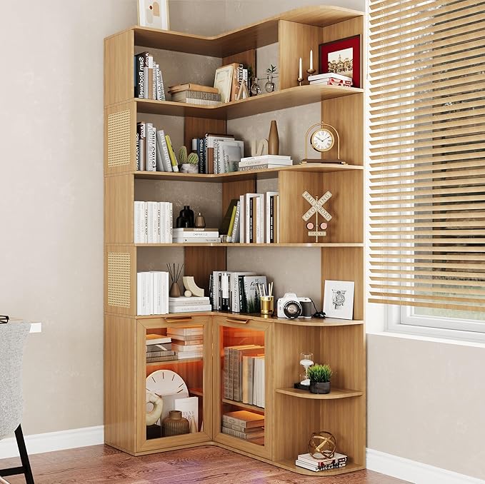 Corner Shelf with Storage Cabinet,7-Tier Corner Bookshelf,Farmhouse L Shaped Shelves Etagere Bookcase, Large L Shaped Bookshelf with Vine Woven Open Storage Cabinet for Home Office
