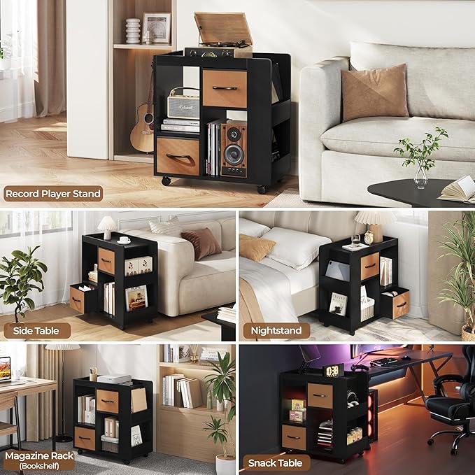 Yaheetech Narrow Side Table with Storage, Wooden Rolling Nightstand Bedside Table with Wheels, Magazine Racks and Open Shelves, End Table with Drawers for Living Room Bedroom, Black