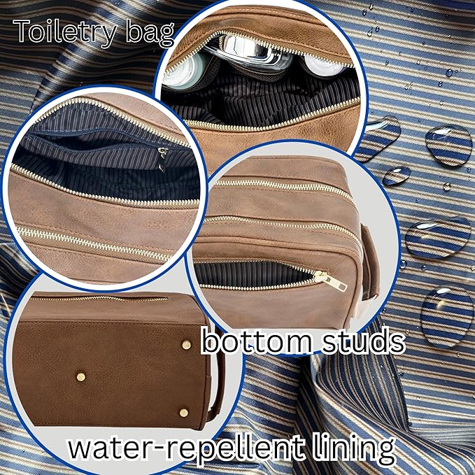 Dopp Gift Large Travel Toiletry Bag Premium Quality PU Leather Two compartments YKK Zippers Water-resistant Bottom Studs Mesh Pockets Durable Cosmetic Organizer BROWN