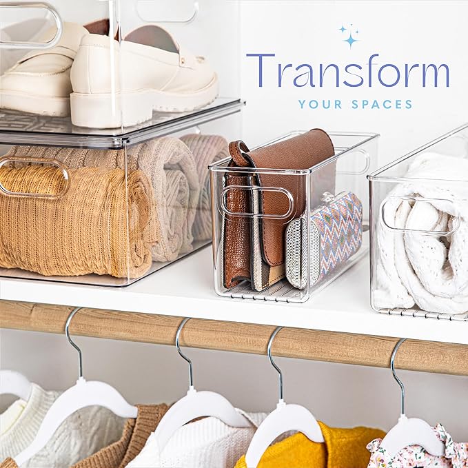 primebox Plastic Food Storage 4 Pack Clear Container Bin with Handles for Organizing Kitchen, Pantry, Refrigerator, Freezer, Pantry, Cabinet, Closet, Bathroom. 10”x4”x5”