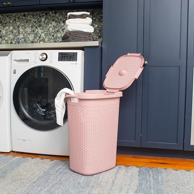 Mind Reader Slim Laundry Hamper with Lid, 60L Clothes Basket, Premium Wicker Design, Plastic, Pink