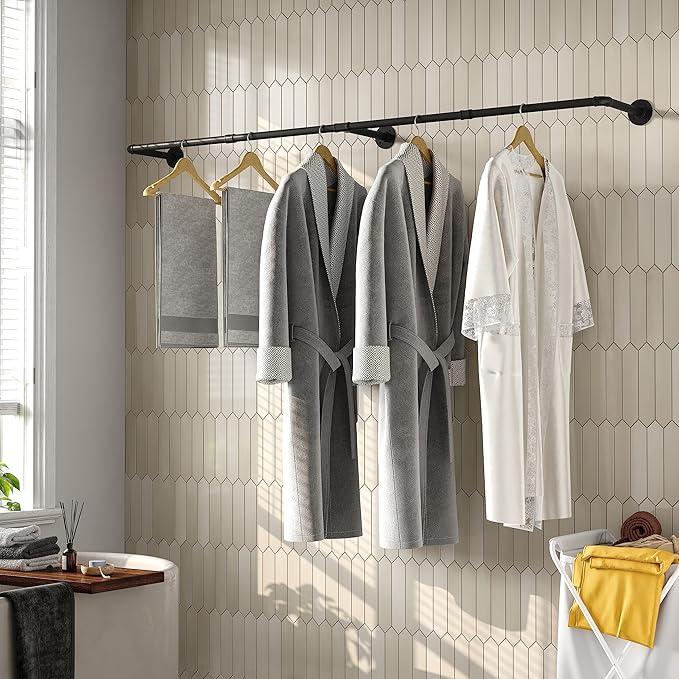 Industrial Pipe Clothes Rack with 3 S-shaped Hooks, 72’'L Wall Mounted Garment Rack, Heavy Duty Iron Garment Bar, Clothes Hanging Rod Bar for Laundry Room, Max Load 135Lb Black (2 Package)