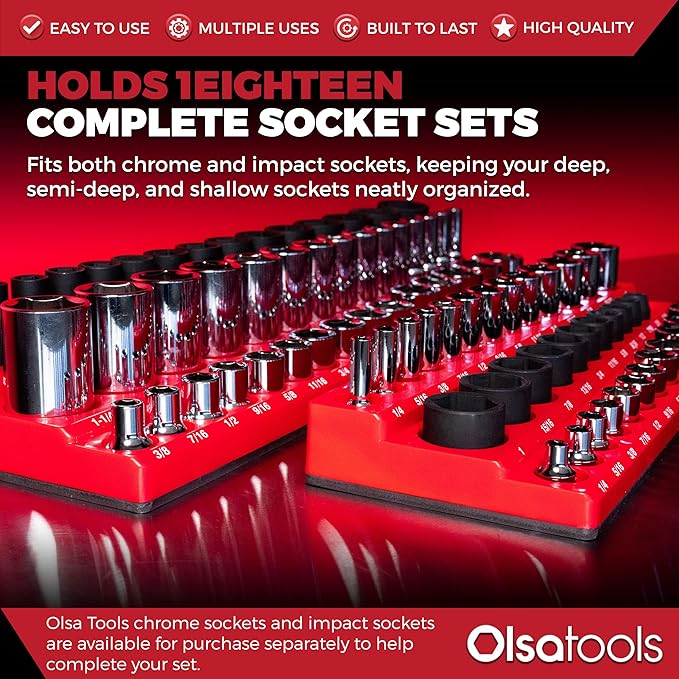 Olsa Tools Magnetic Socket Organizer | 6pc Socket Holder Kit | 1/2-Inch, 3/8-Inch, & 1/4-Inch Drive | Socket Organizers For Toolboxes | Red | Holds 273 | Professional-Grade Tool Organizer | Part 1667
