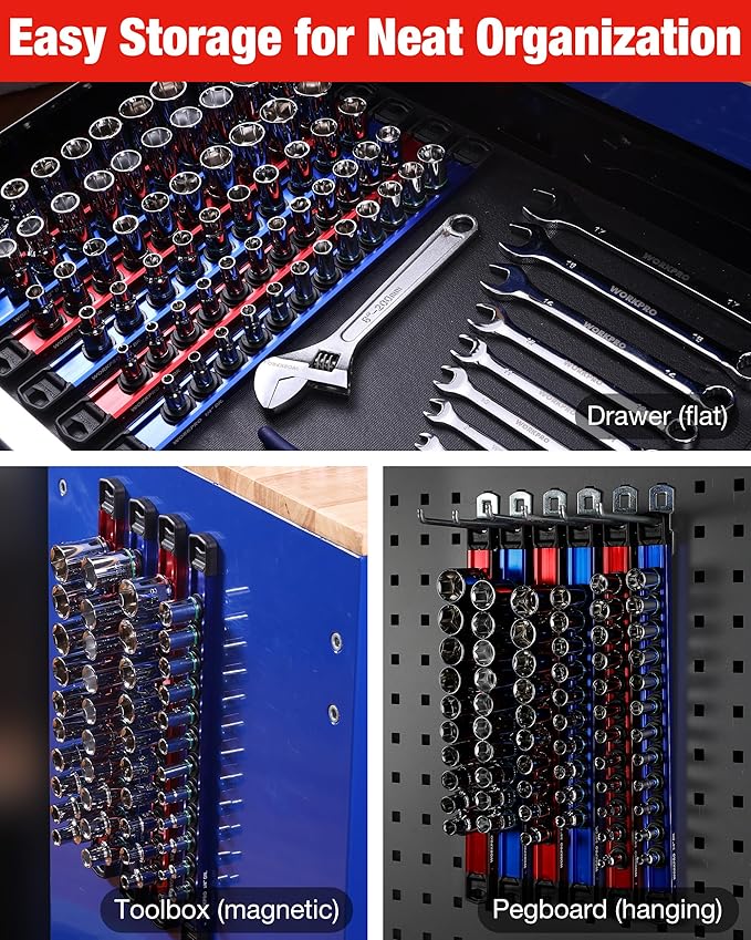 WORKPRO Magnetic Socket Organizer Set, 1/2" 3/8" 1/4" Drive Aluminum Alloy Socket Holder, 6PC Socket Rail with Removable Socket Clips, Socket Organizer Tray for Tool Box Drawer (Sockets Not Included)