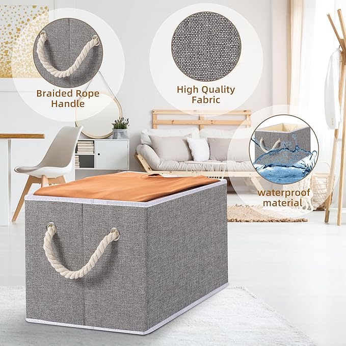Yawinhe Collapsible Storage Bins 3-Pack, Large Fabric Baskets with Rope Handle, Organizers for Shelves, Closets, Clothes, 16.53''Lx11.81''Wx10.23''H, Grey