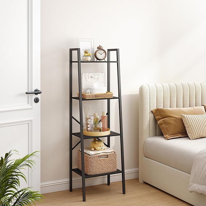 Hoctieon 4-Tier Industrial Ladder Bookshelf, Narrow Ladder Shelf, Tall Standing Bookshelf, Skinny Open Ladder Shelf, for Living Room, Home Office, Kitchen, Bedroom, Metal Frame, Black