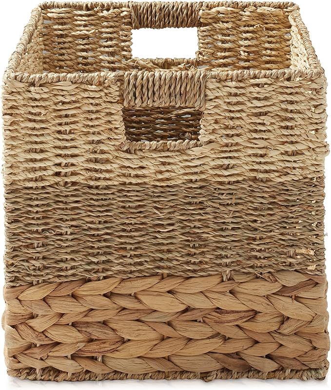Casafield 12" x 12" Mixed Weave Storage Baskets, Natural - Set of 2 Woven Hyacinth Seagrass Wicker Storage Cube Bins for Bathroom, Bedroom, Laundry, Pantry, Shelves