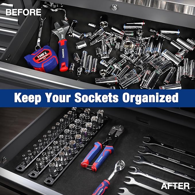 WORKPRO Magnetic Socket Organizer, 3/8-Inch Drive Aluminum Alloy Socket Rail, Heavy Duty Socket Holder, Socket Rack Kit 3/8-Inch x 10 Clips Black (Socket not Included)