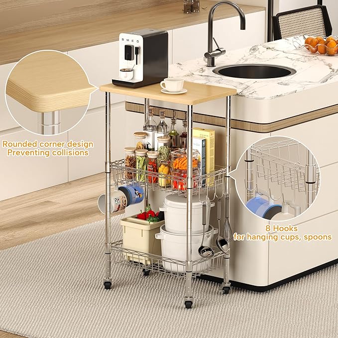 Homeiju Rolling Kitchen Storage Cart, 3-Tier Storage Rack on Caster Wheels with Adjustable 2 Baskets, Coffee Station Cart Rack Shelf Organizer for Living Room Office, Balcony, Chrome/Silver