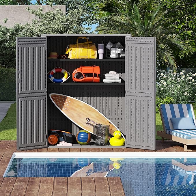 EHHLY Vertical Resin Storage Shed with 2 Shelves, 60 Cuft Garden Tool Sheds & Outdoor Storage, Plastic Outdoor Storage Cabinet Waterproof, 4.5 x 2.3 ft Backyard Outside Lawn Mower Storage Shed, Grey