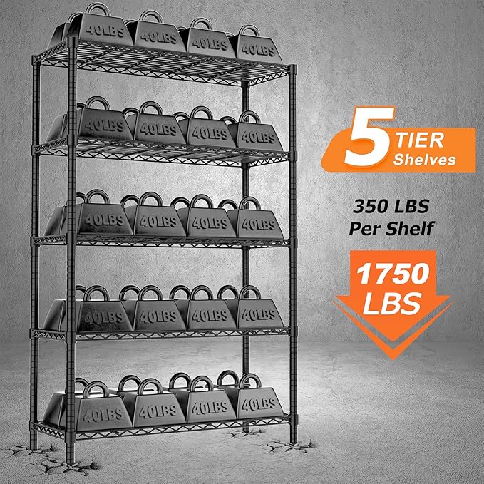 Storage Shelves Heavy Duty, 4 PCS 36" L x 14" W x 72" H Garage Wire Shelving Unit Loads 1750LBS, 5-Tier Adjustable Metal Industrial Utility Shelf Rack for Kitchen, Laundry Room, Warehouse, Basement