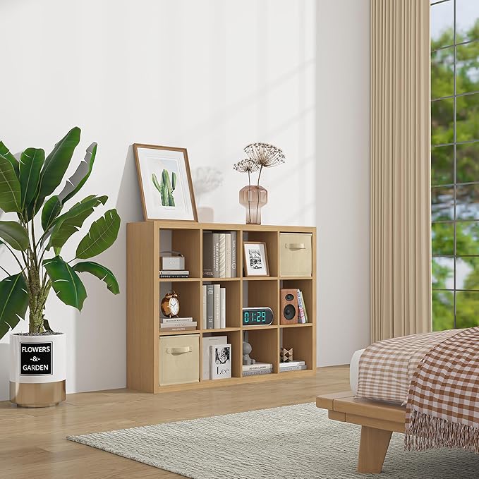 furtble Bookshelf with Storage Bins, 12-Cube Storage Organizer, Modern Wood Open Bookcase, Multifunctional Display Shelf for Living Room, Bedroom, Home Office, Oak