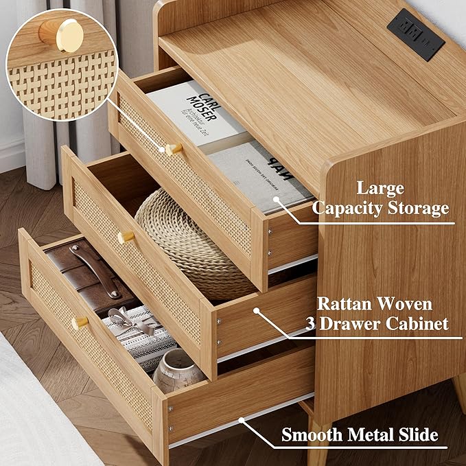 Rattan Night Stand with Charging Station, End Tables with 3 Drawer Dresser, Boho Bedside Table, Mid Century Modern Nightstand, RuralCabinet for Farmhouse Bedroom Living Room Sofa Couch Office Corner