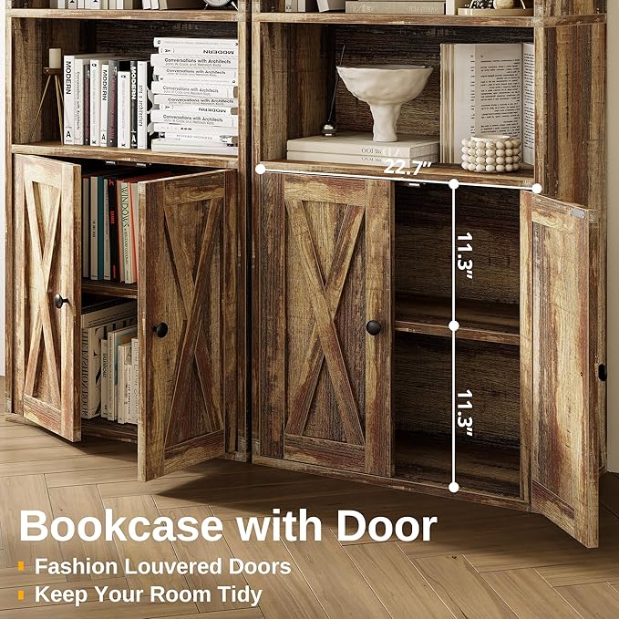 IRONCK Industrial Bookshelves and Bookcases with Doors 11.8 in Depth Set of 2 Floor Standing 5 Shelf Display Storage Shelves Bookcase Home Decor Furniture for Home, Office, Living Room, Bedroom