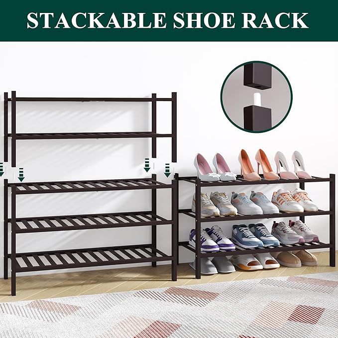Smiry Bamboo Shoe Rack for Closet, 5 Tier Wooden Stackable Shoe Organizer, Free Standing Shoes Storage Shelf for Entryway, Front Door Entrance, Brown