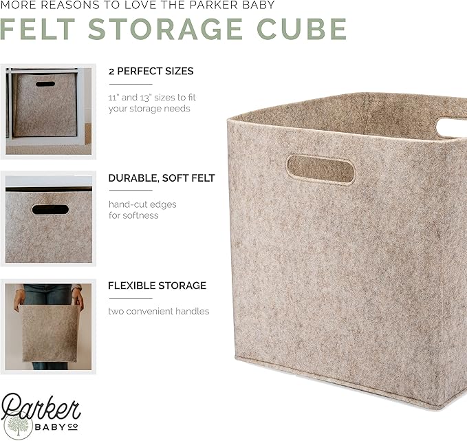 Parker Baby Felt Foldable Storage Cube - 13 Inch Nursery Cubby Bin for Cube Organizer, Closet Organizers and Storage Toy Bin, Rope Baskets Bins for Toy’s Storage - Oatmeal